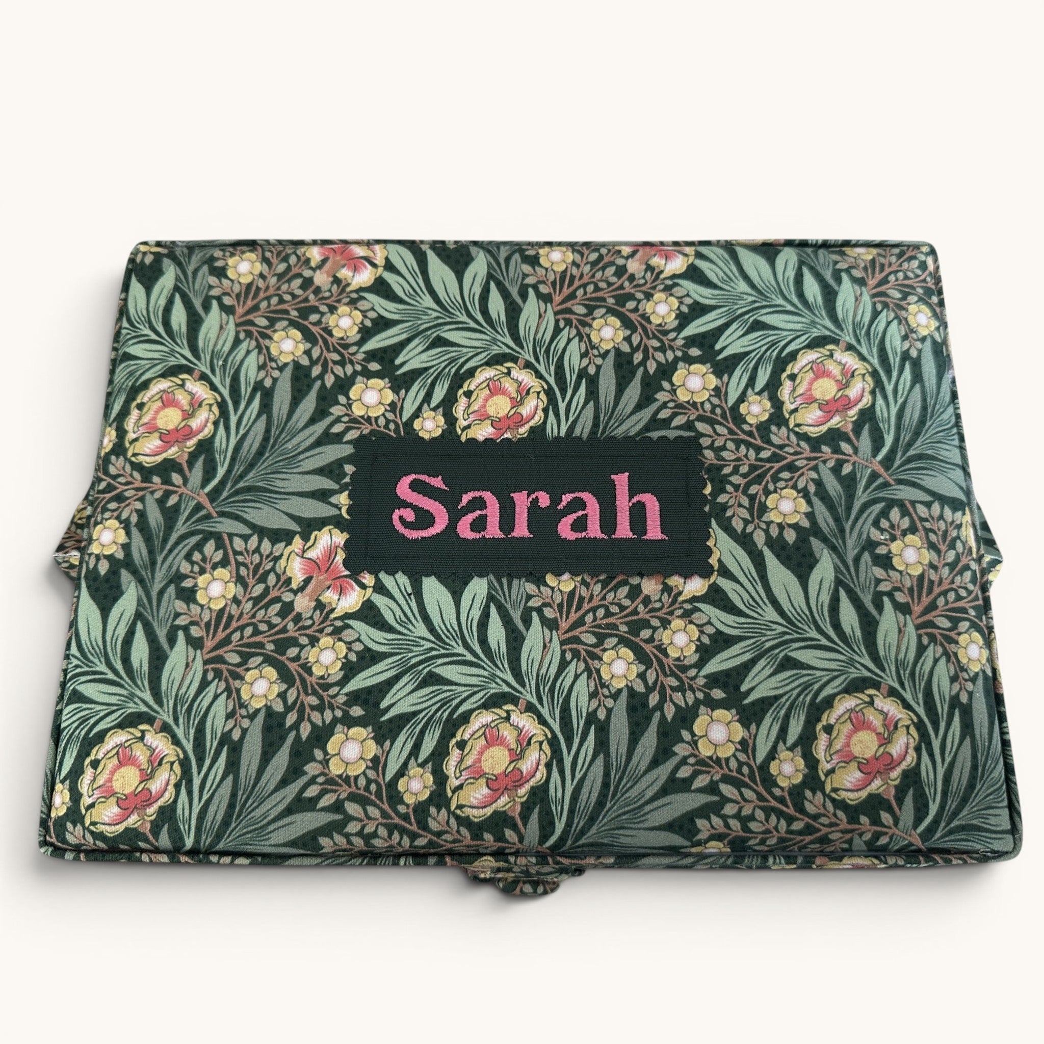 Personalised William Morris Style Sewing Box. Embroidered Floral Sewing Basket