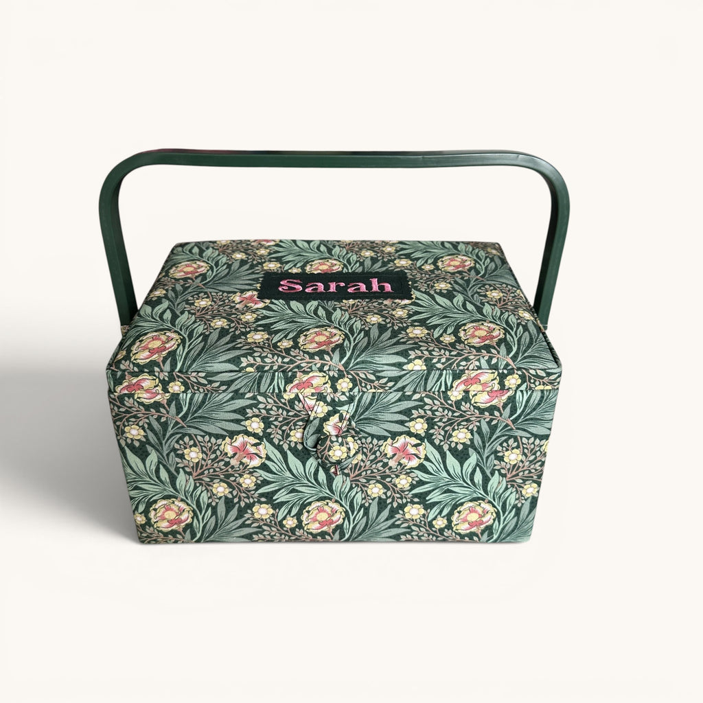 Personalised William Morris Style Sewing Box. Embroidered Floral Sewing Basket