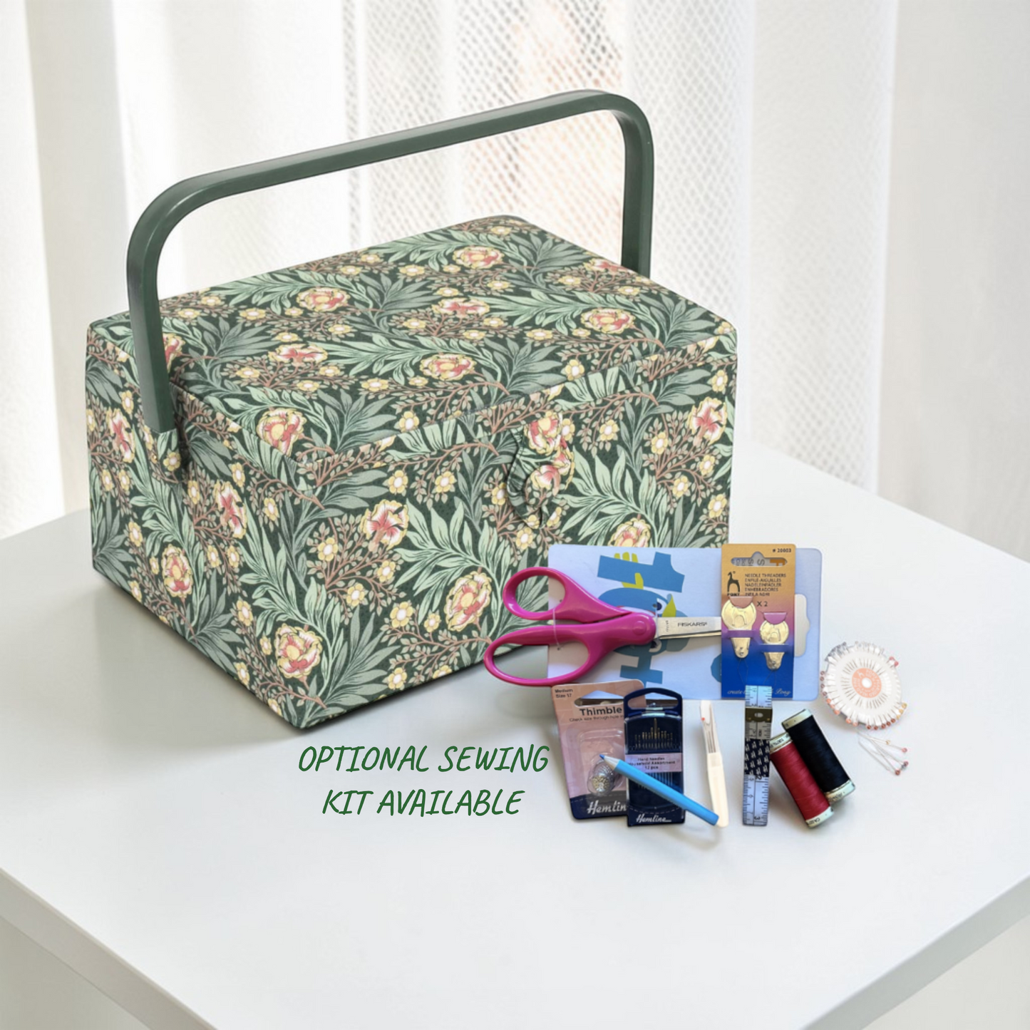 Sewing Box Morris Green Design – Floral Cotton Sewing Storage with Optional Accessory Kit