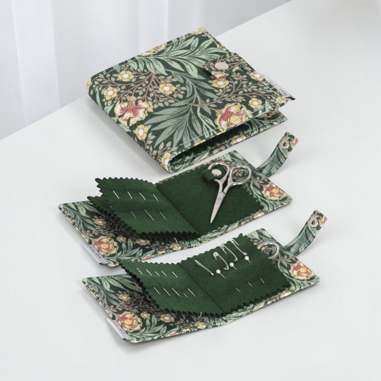 Morris Green Needle Case with Scissors, Pins & Needles. Green Floral Fabric