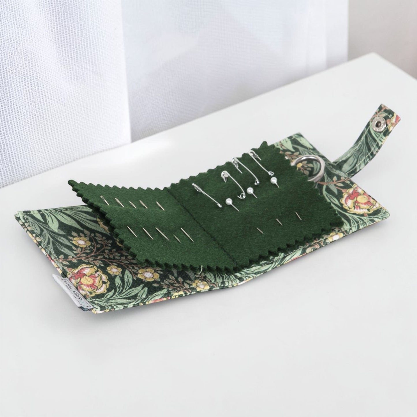 Morris Green Needle Case with Scissors, Pins & Needles. Green Floral Fabric