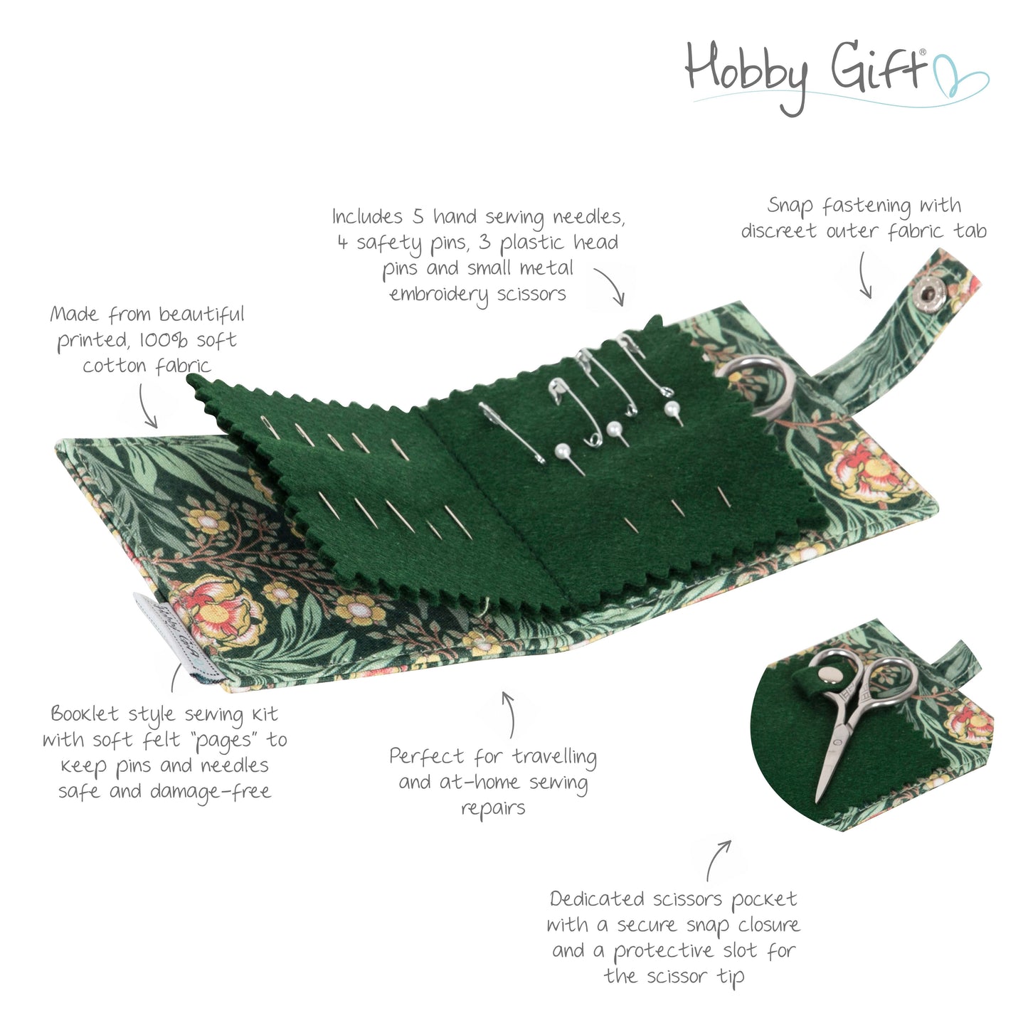 Morris Green Needle Case with Scissors, Pins & Needles. Green Floral Fabric