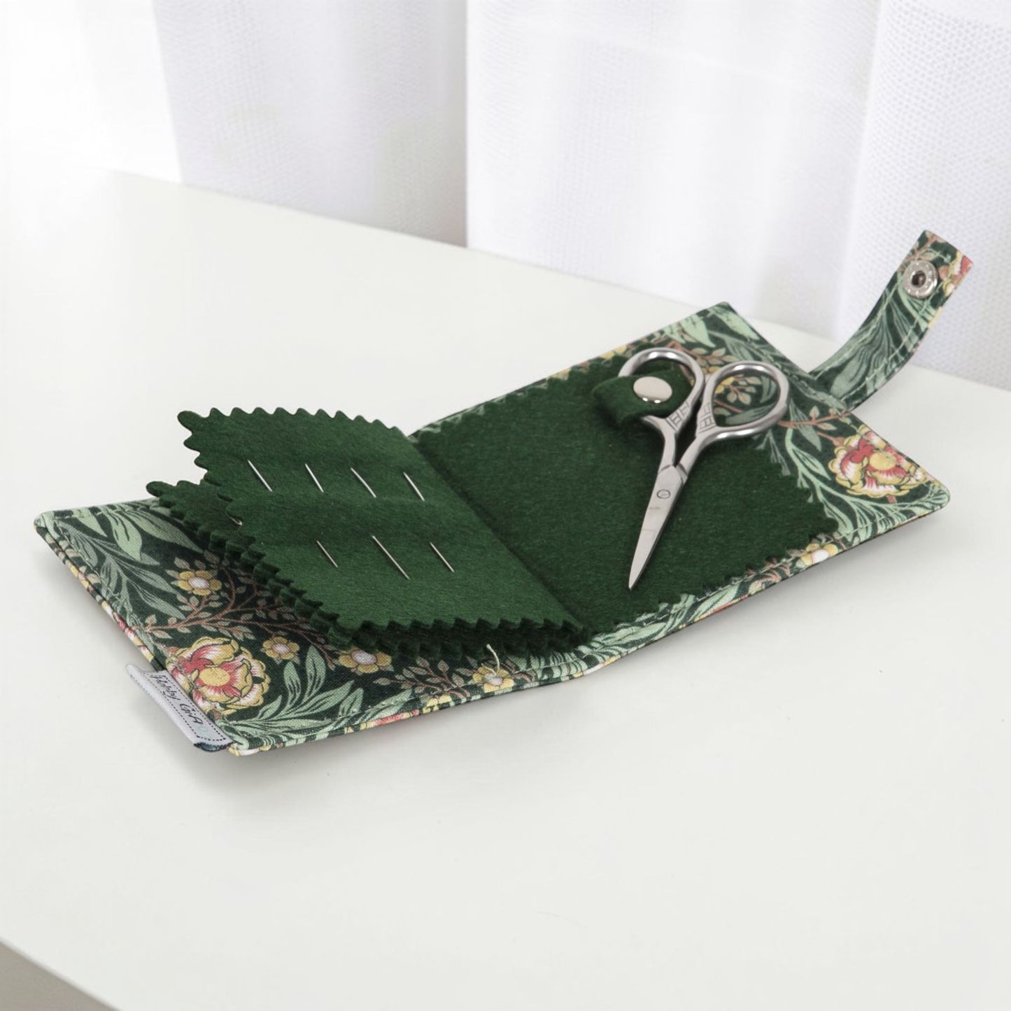 Morris Green Needle Case with Scissors, Pins & Needles. Green Floral Fabric