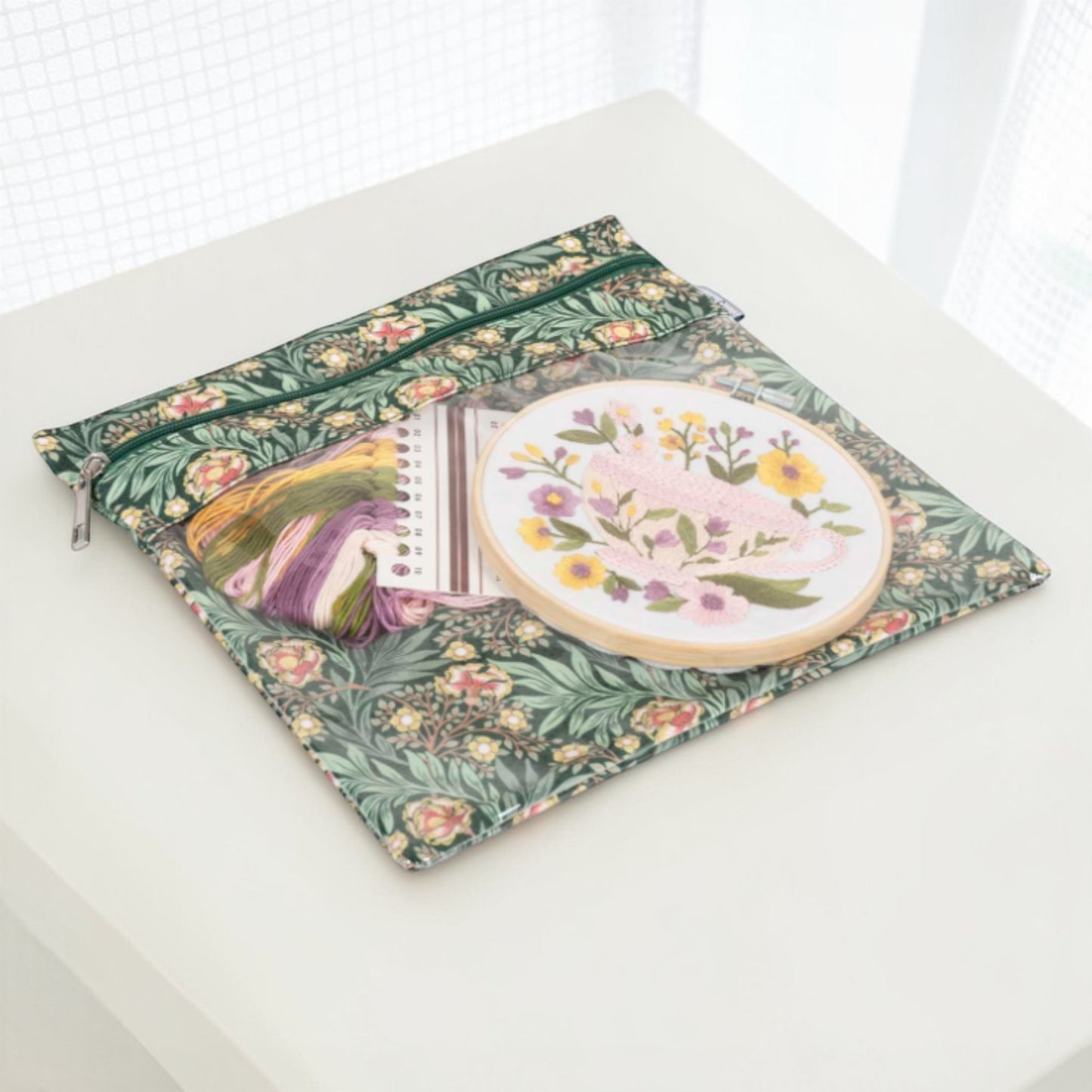 Morris Green Floral Project Pouch. Zipper Craft Storage, Needlework Organizer with Clear Pocket