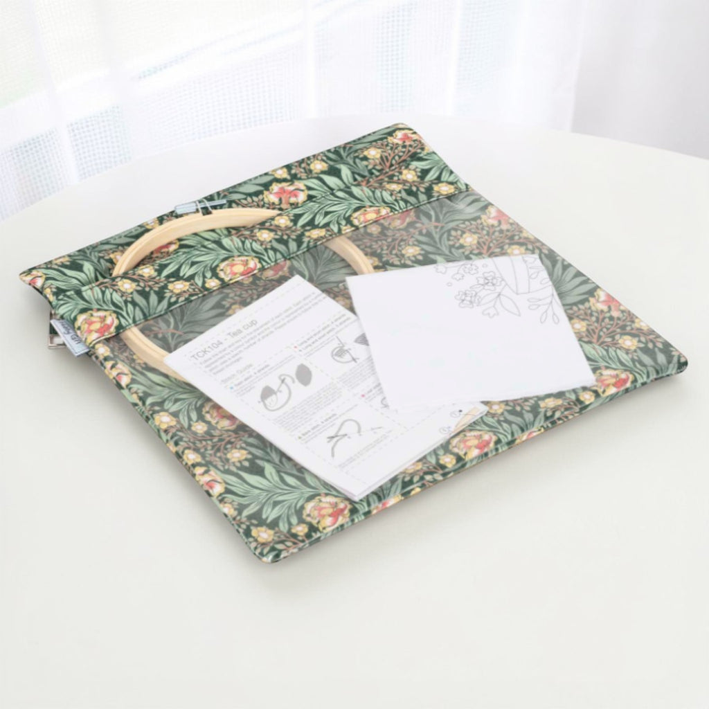 Morris Green Floral Project Pouch. Zipper Craft Storage, Needlework Organizer with Clear Pocket