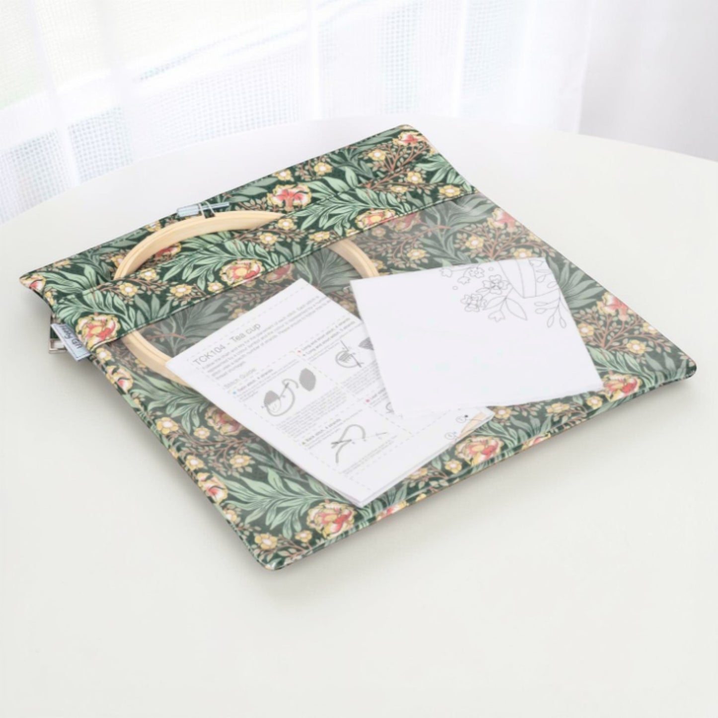 Morris Green Floral Project Pouch. Zipper Craft Storage, Needlework Organizer with Clear Pocket