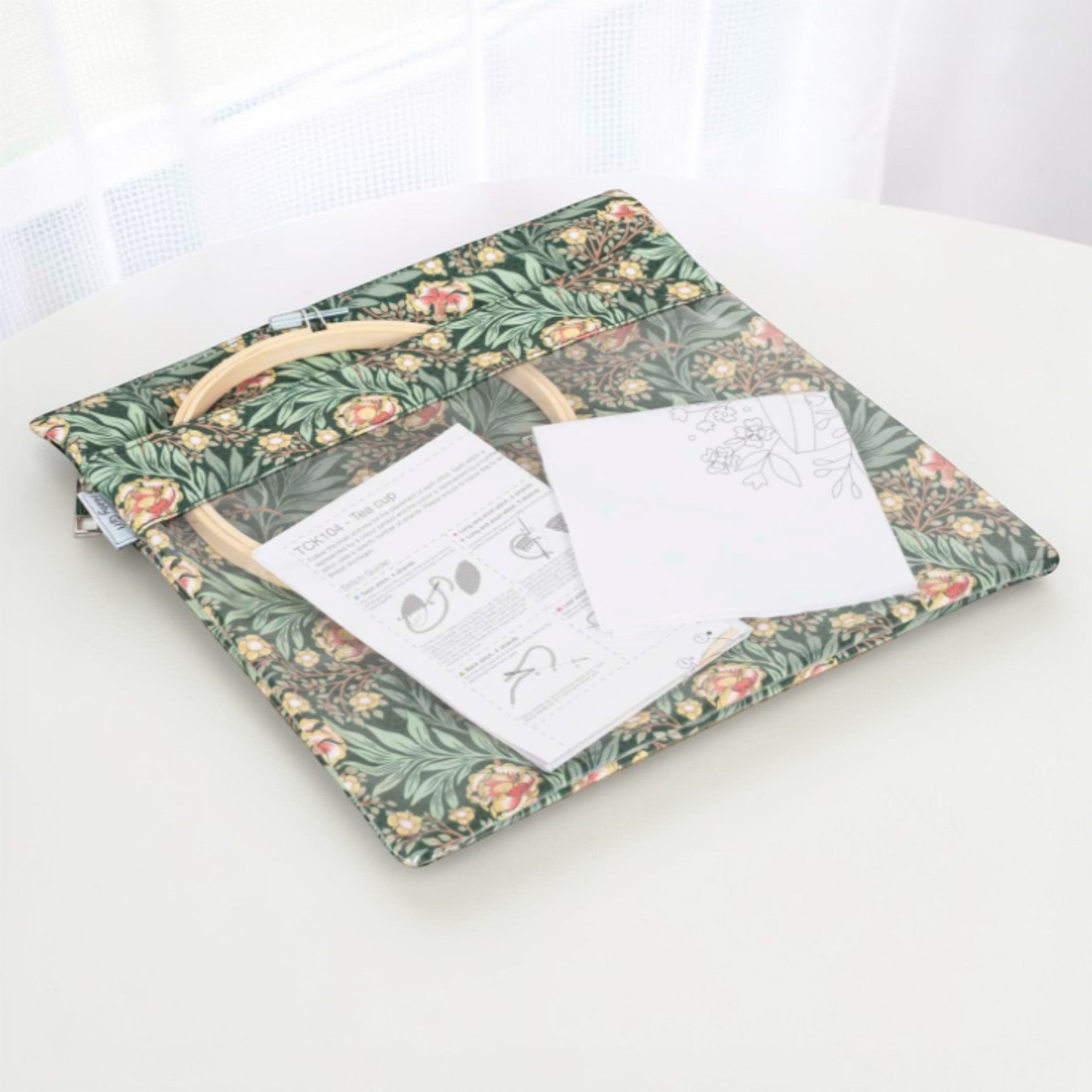 Morris Green Floral Project Pouch. Zipper Craft Storage, Needlework Organizer with Clear Pocket