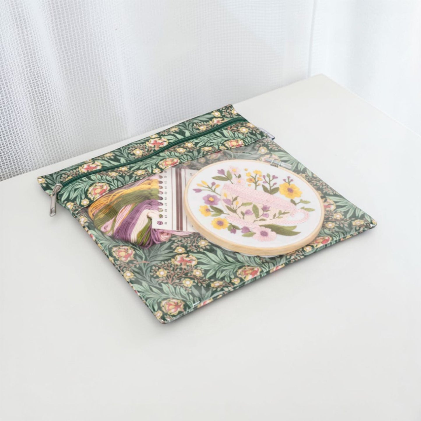 Morris Green Floral Project Pouch. Zipper Craft Storage, Needlework Organizer with Clear Pocket