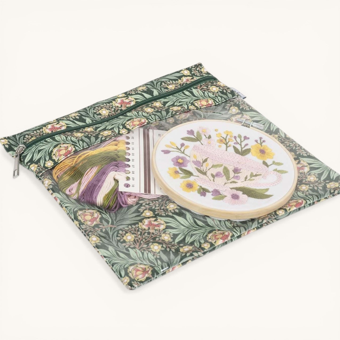 Morris Green Floral Project Pouch. Zipper Craft Storage, Needlework Organizer with Clear Pocket