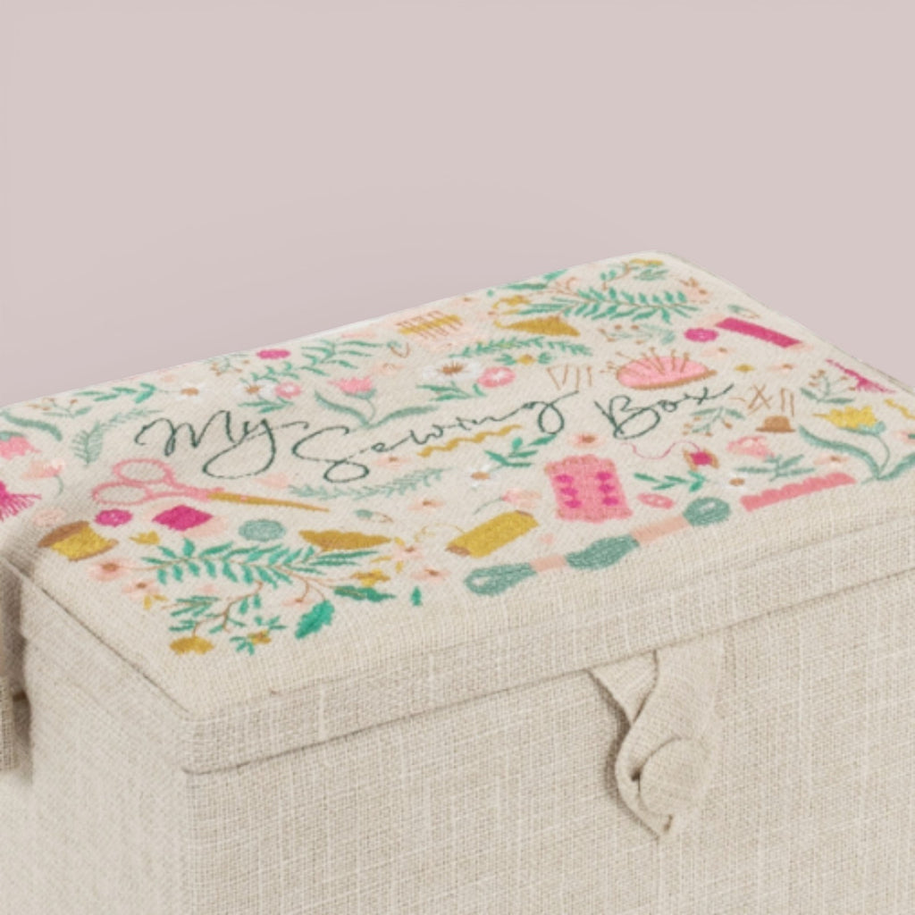 Embroidered Sewing Basket. Cream Linen Look with Optional Sewing Accessory Kit