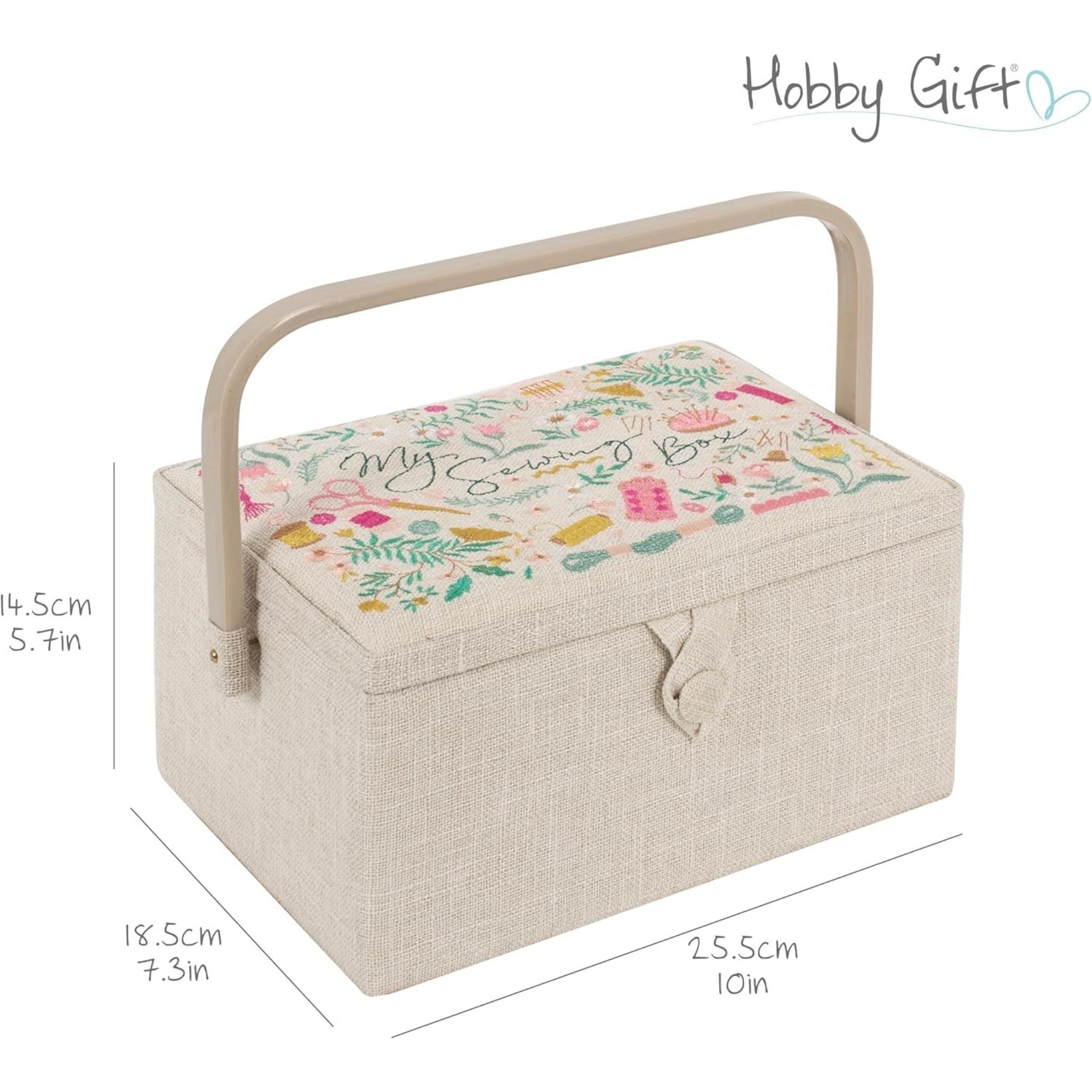 Embroidered Sewing Basket. Cream Linen Look with Optional Sewing Accessory Kit