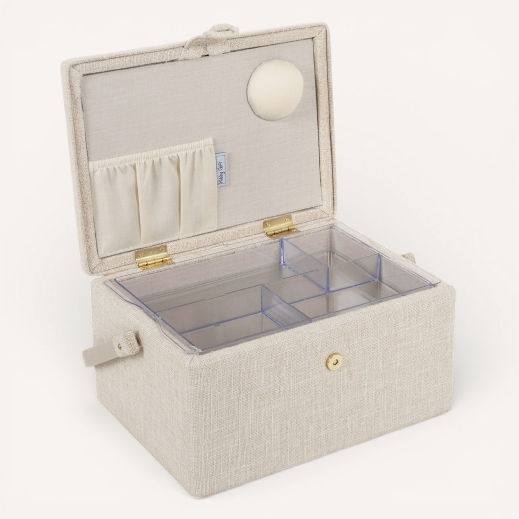 Embroidered Sewing Basket. Cream Linen Look with Optional Sewing Accessory Kit