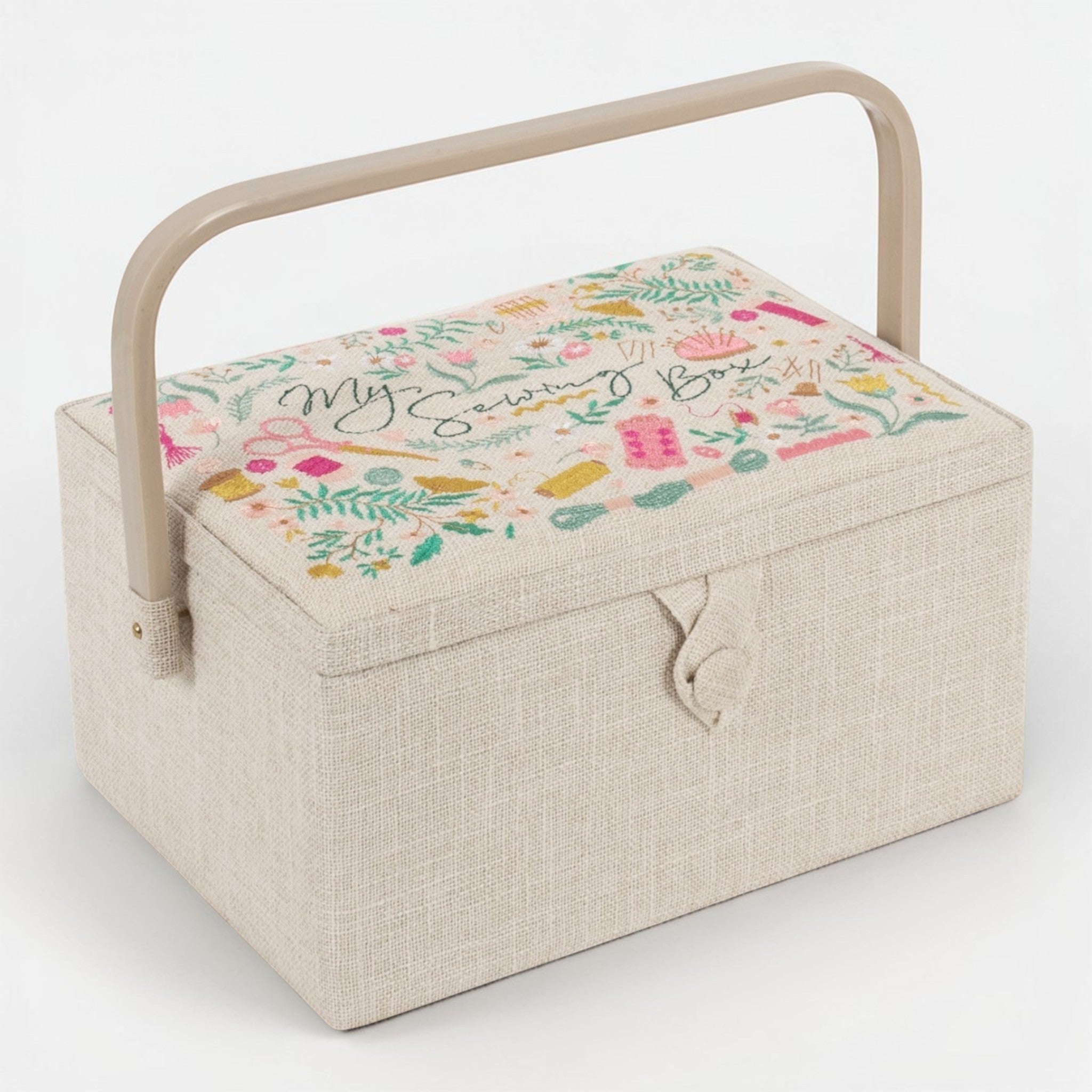 Embroidered Sewing Basket. Cream Linen Look with Optional Sewing Accessory Kit