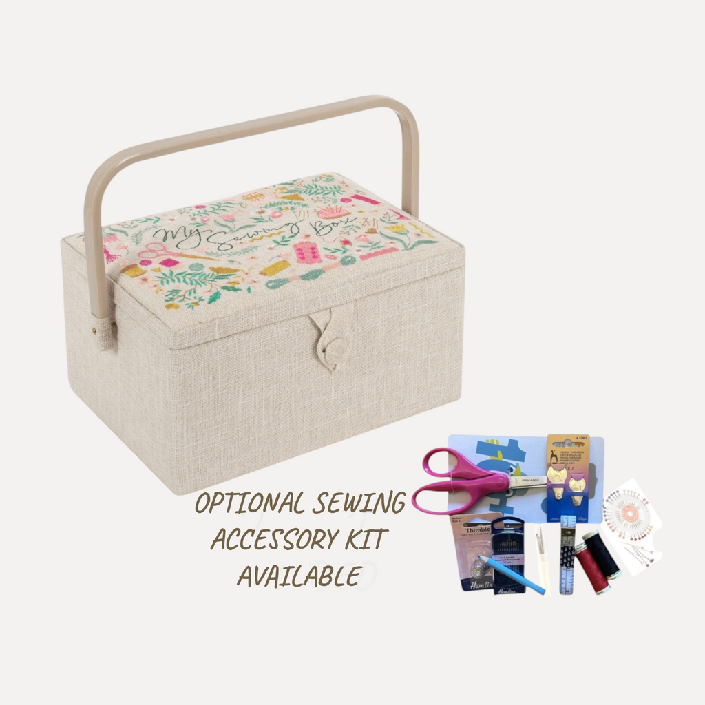 Embroidered Sewing Basket. Cream Linen Look with Optional Sewing Accessory Kit