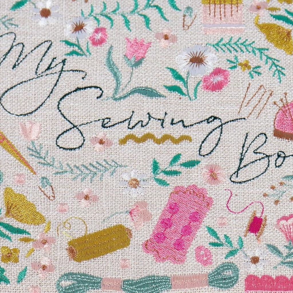 Embroidered Sewing Basket. Cream Linen Look with Optional Sewing Accessory Kit