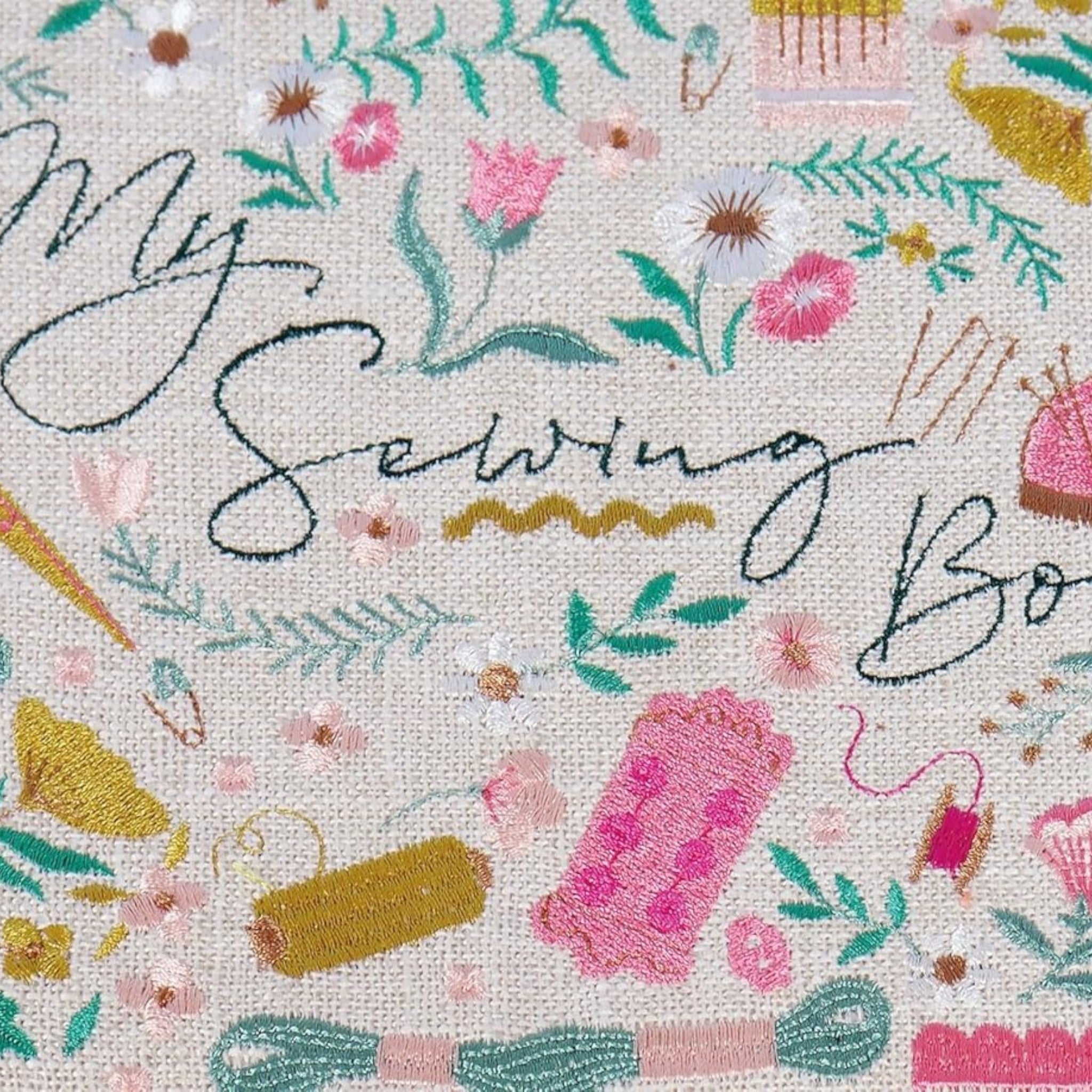 Embroidered Sewing Basket. Cream Linen Look with Optional Sewing Accessory Kit