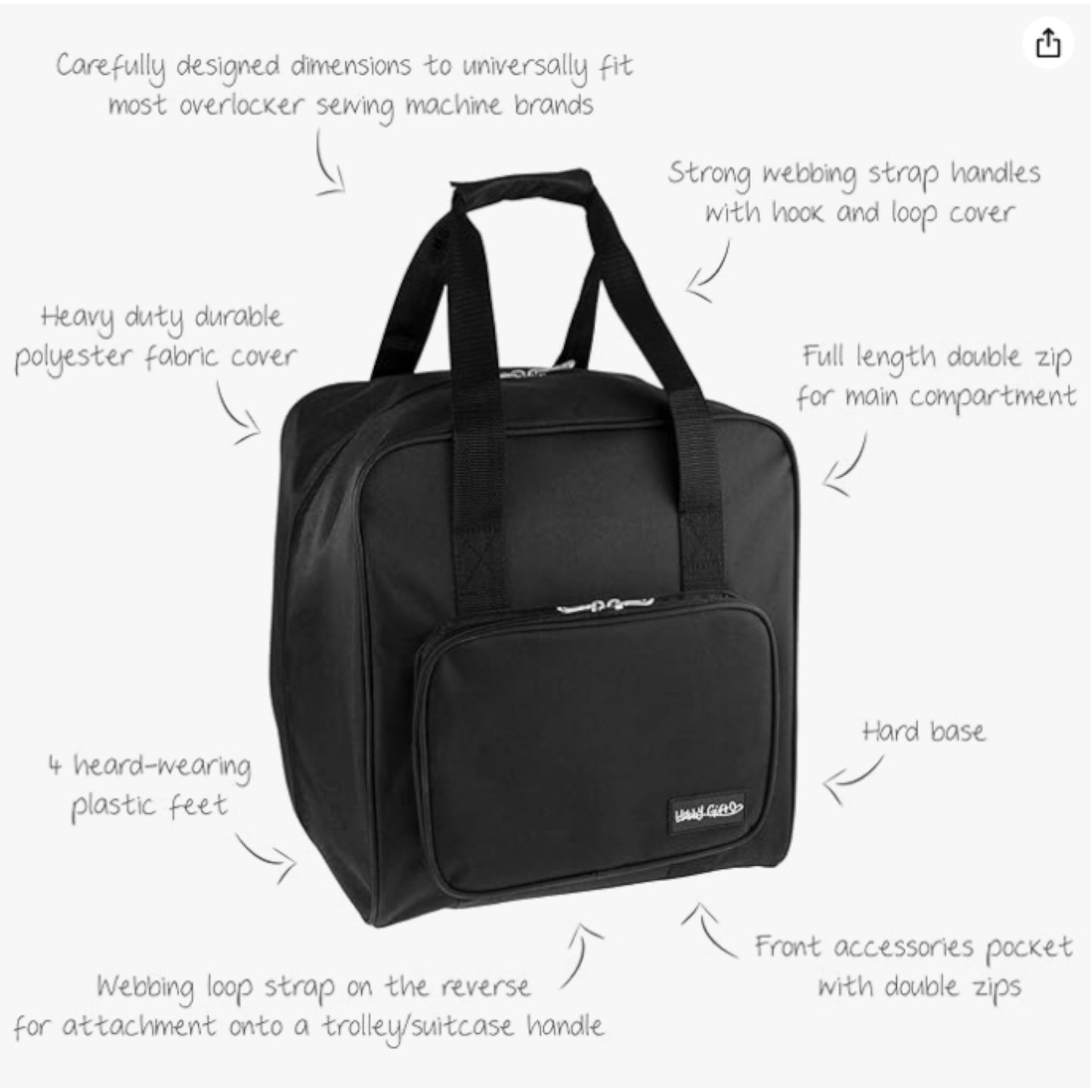 Black Overlocker Bag – Durable Sewing Machine Storage Case with Pocket & Trolley Sleeve