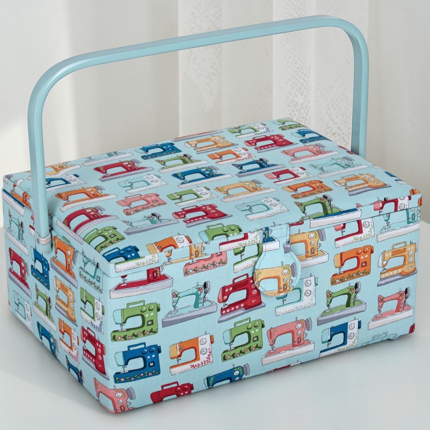 Large Sewing Box with Tray & Pin Cushion. Sewing Machines Design Cotton Fabric