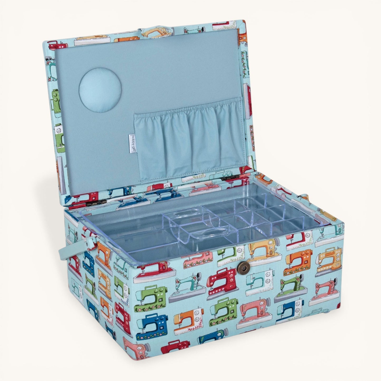 Large Sewing Box with Tray & Pin Cushion. Sewing Machines Design Cotton Fabric