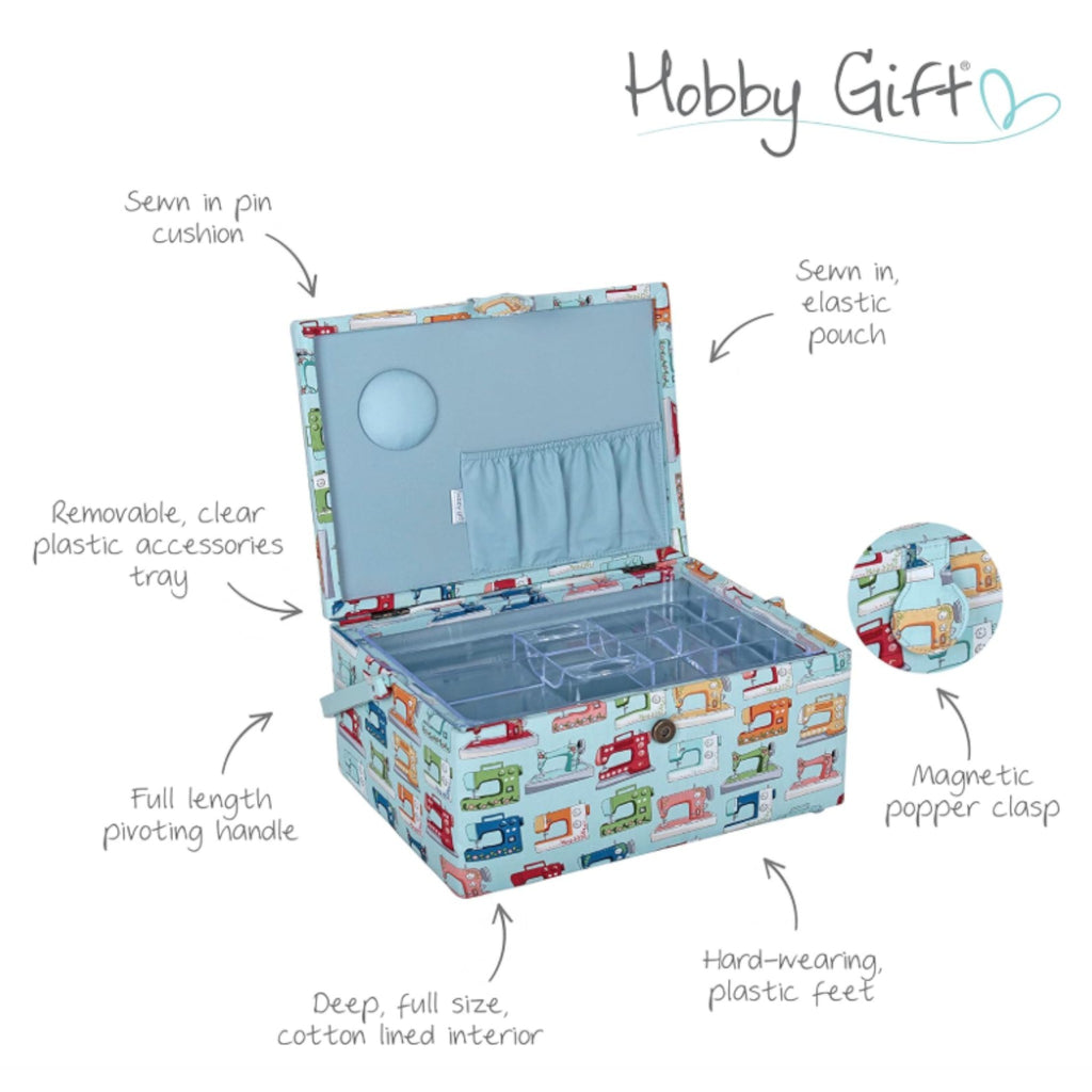Large Sewing Box with Tray & Pin Cushion. Sewing Machines Design Cotton Fabric