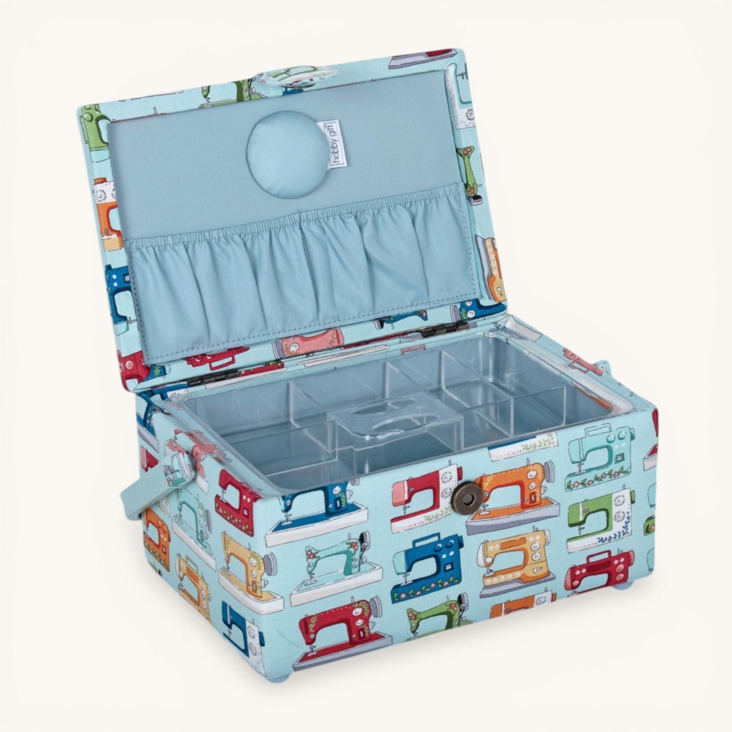 Medium Sewing Box with Tray & Pin Cushion. Sewing Machines Design Cotton Fabric (Copy)