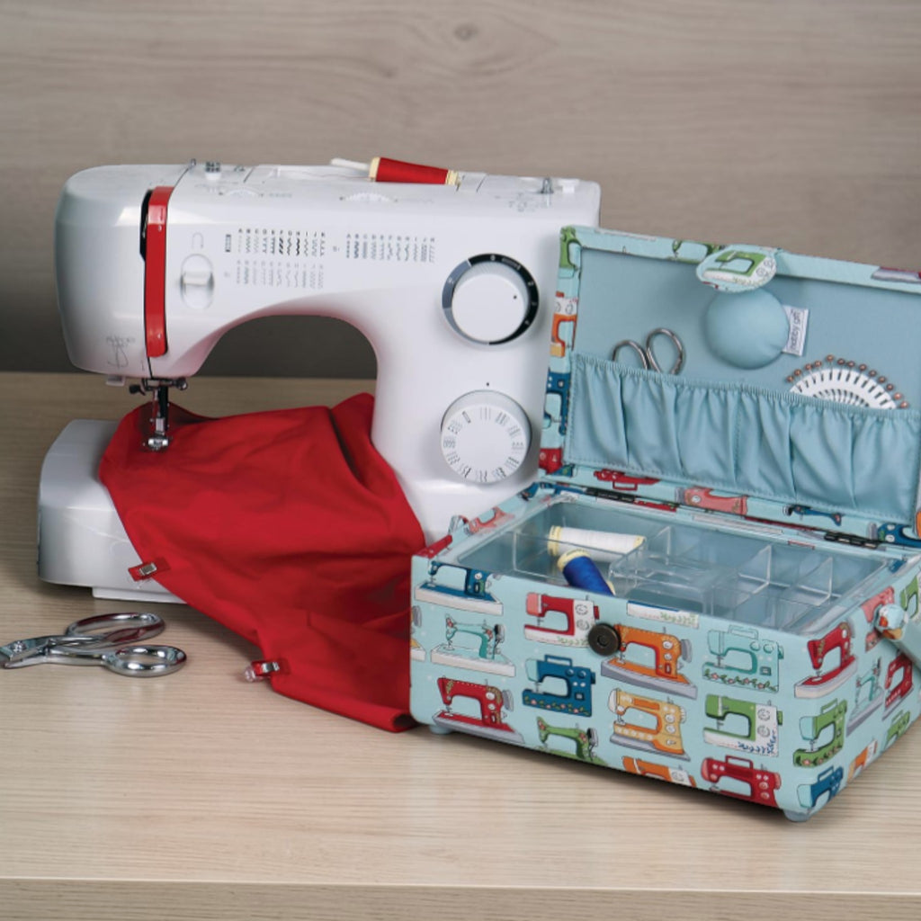 Medium Sewing Box with Tray & Pin Cushion. Sewing Machines Design Cotton Fabric (Copy)