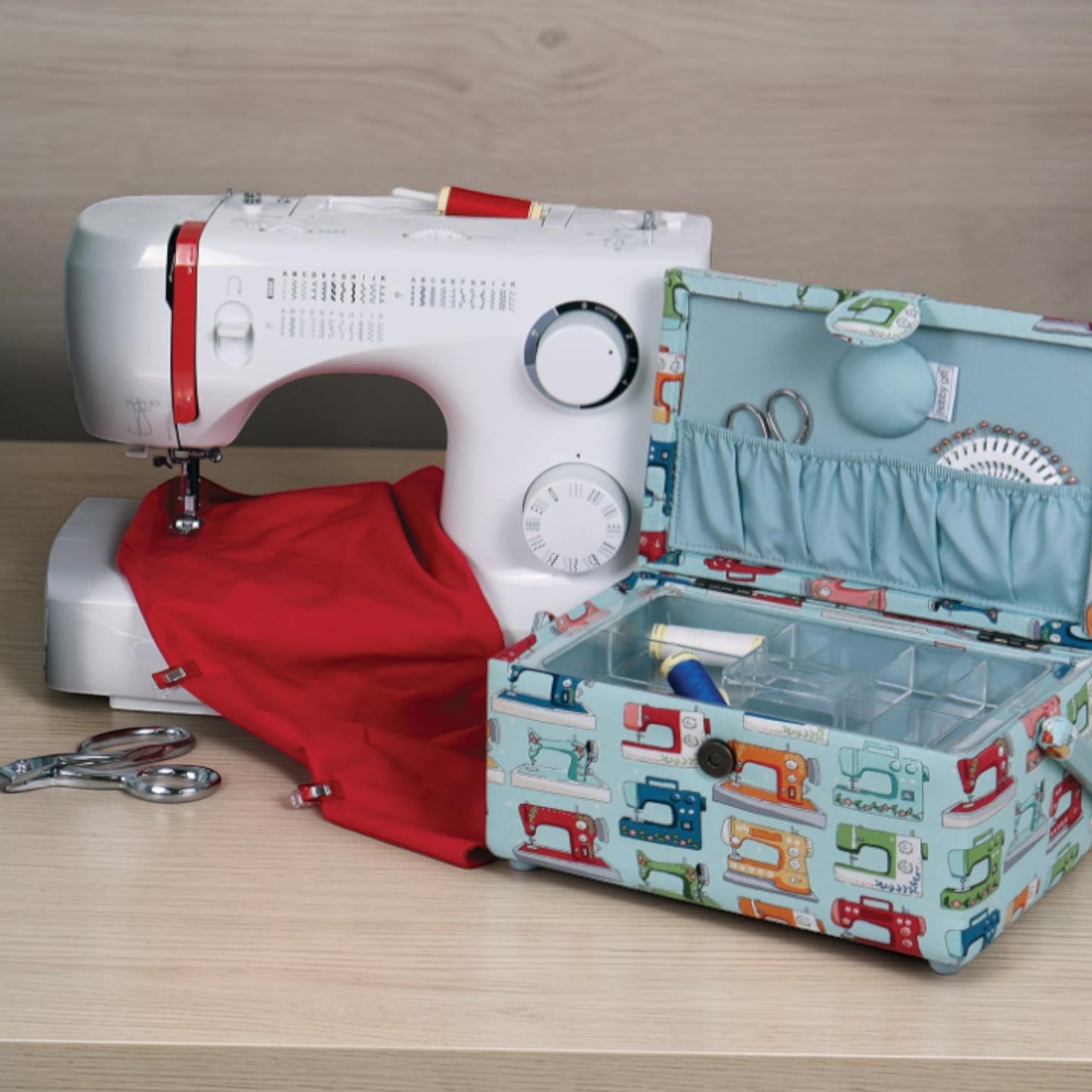 Medium Sewing Box with Tray & Pin Cushion. Sewing Machines Design Cotton Fabric (Copy)