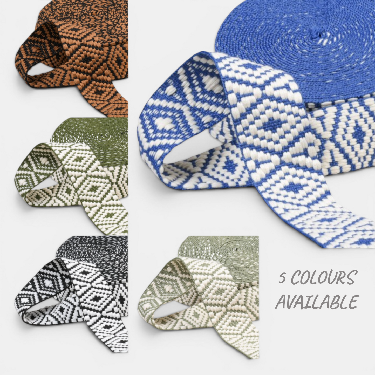 Ethnic Webbing 38mm Diamond Strap – Woven Bag Handle Trim – 5 Colours – 3m Lengths