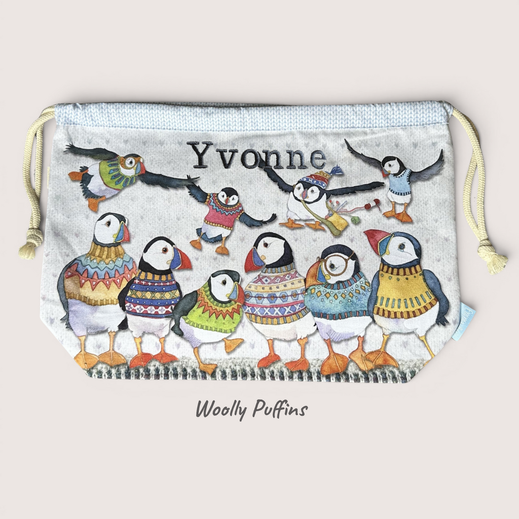 Personalised Emma Ball Drawstring Bags, Knitting & Crochet Projects and Yarn Storage. Knitting Gifts