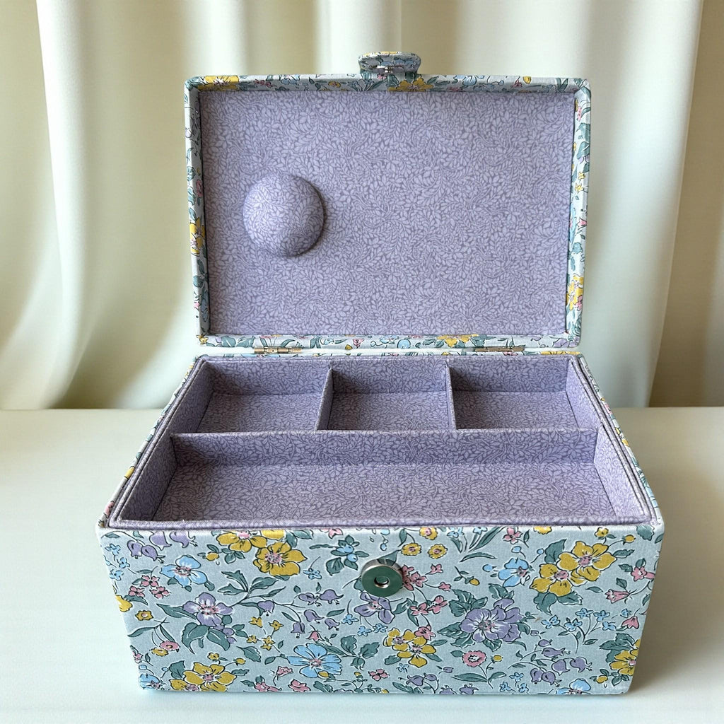 Pretty Liberty Sewing Box in Pale Blue, Yellow & Lilac Liberty Floral Cotton Print
