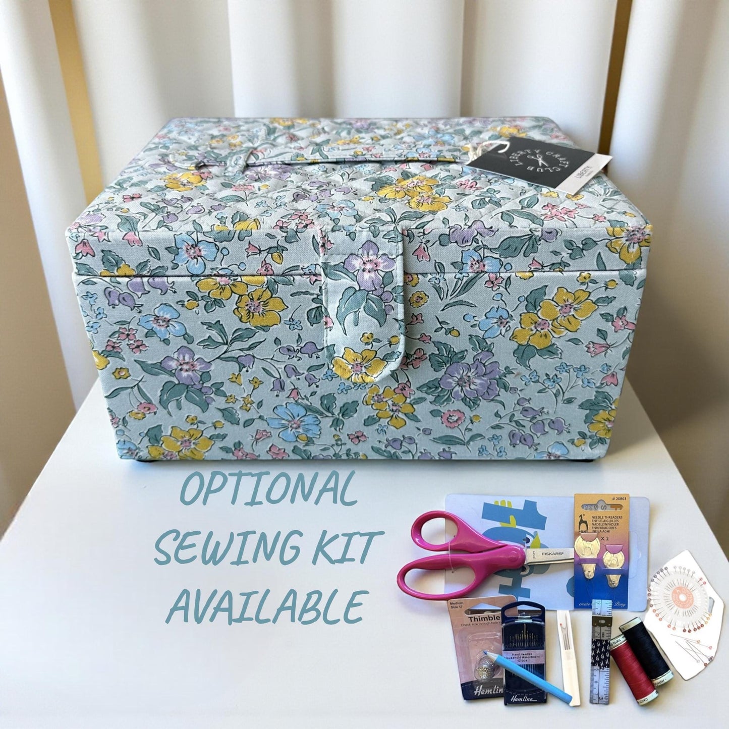 Liberty Floral Sewing Box with Quilted Lid and Optional Accessory Kit