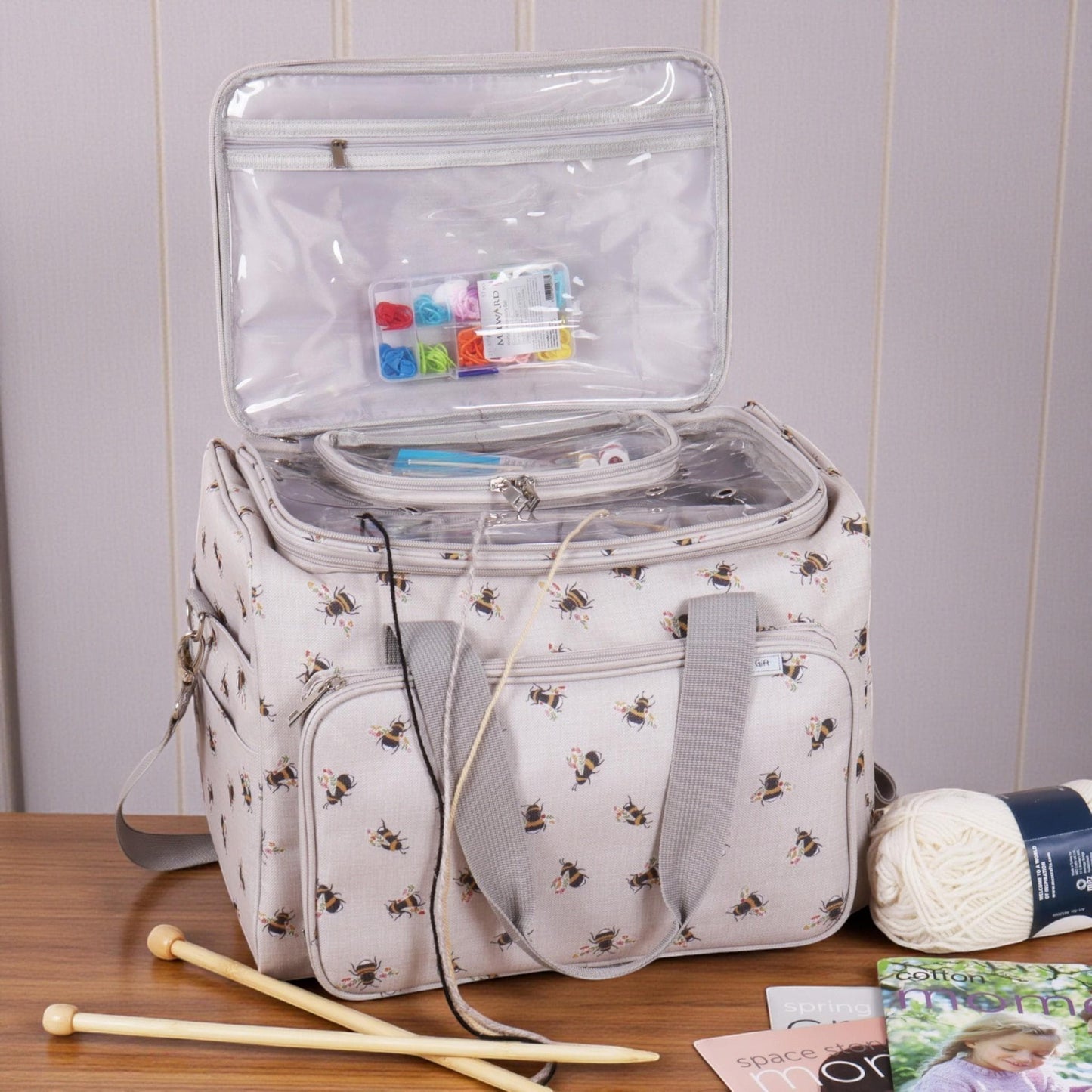 Bee Knitting & Craft Tote Organiser Bee Design Sturdy Bag with Lots of Compartments