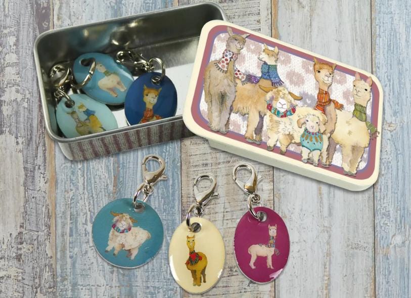 CROCHET STITCH MARKERS in a Tin. Alpacas & Friends Design by Emma Ball