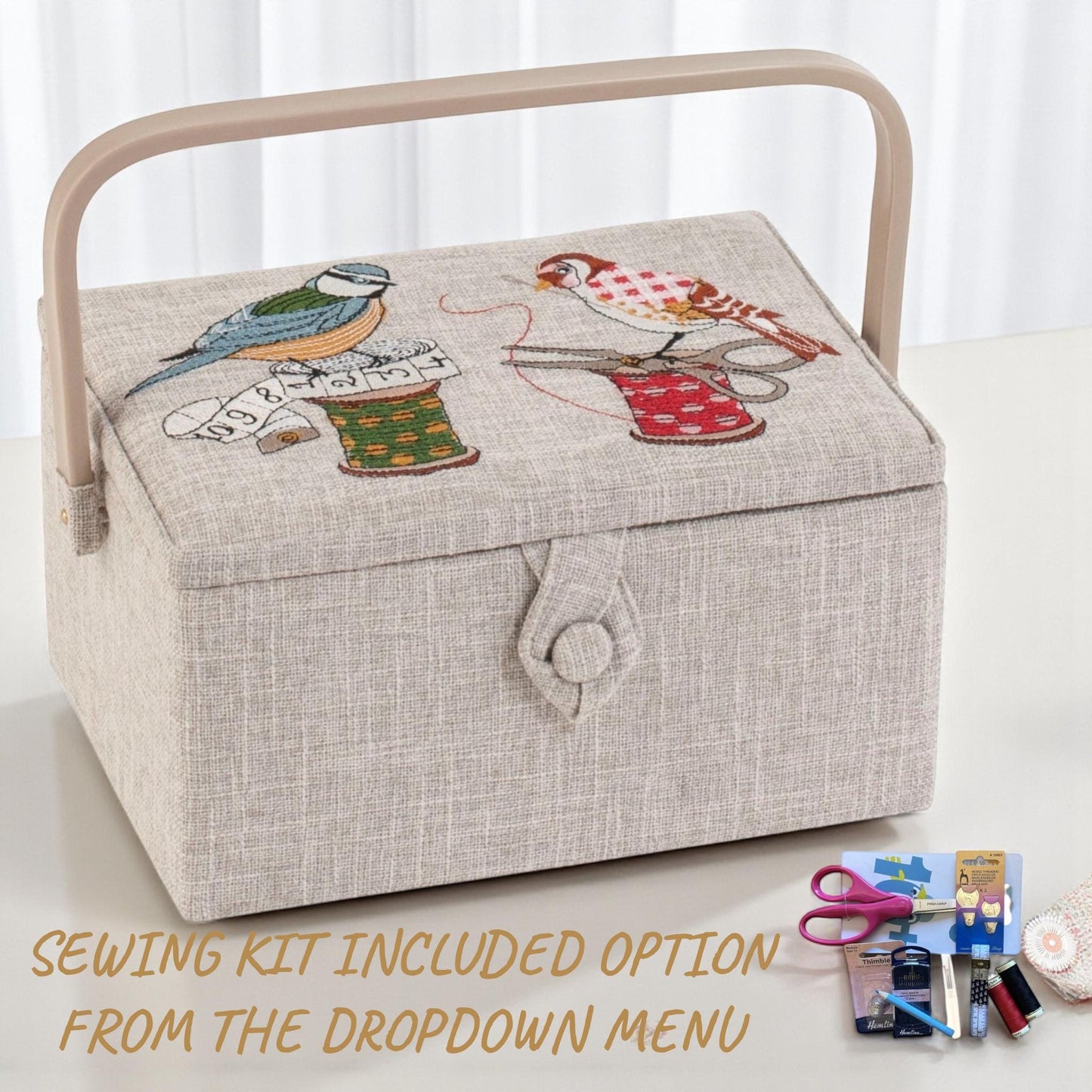 Sewing Basket ‘Birds on a Bobbin’ Design with Embroidered Lid  and optional Sewing Kit
