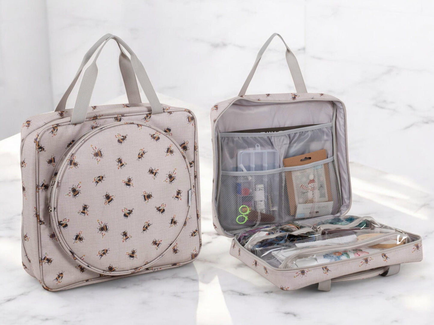PROJECT CRAFT BAG with Embroidery Hoop Storage. Bee Design.  Lots of Pockets & Compartments
