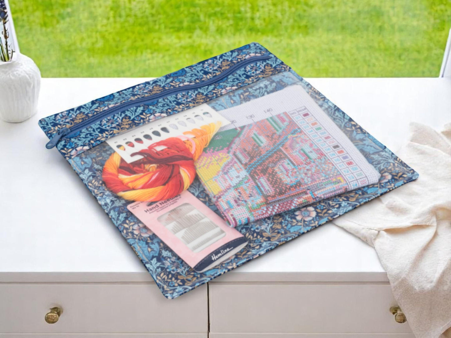 Project Craft Bag & Pouch Set ~ Woodblock Floral Design Storage Set Blue