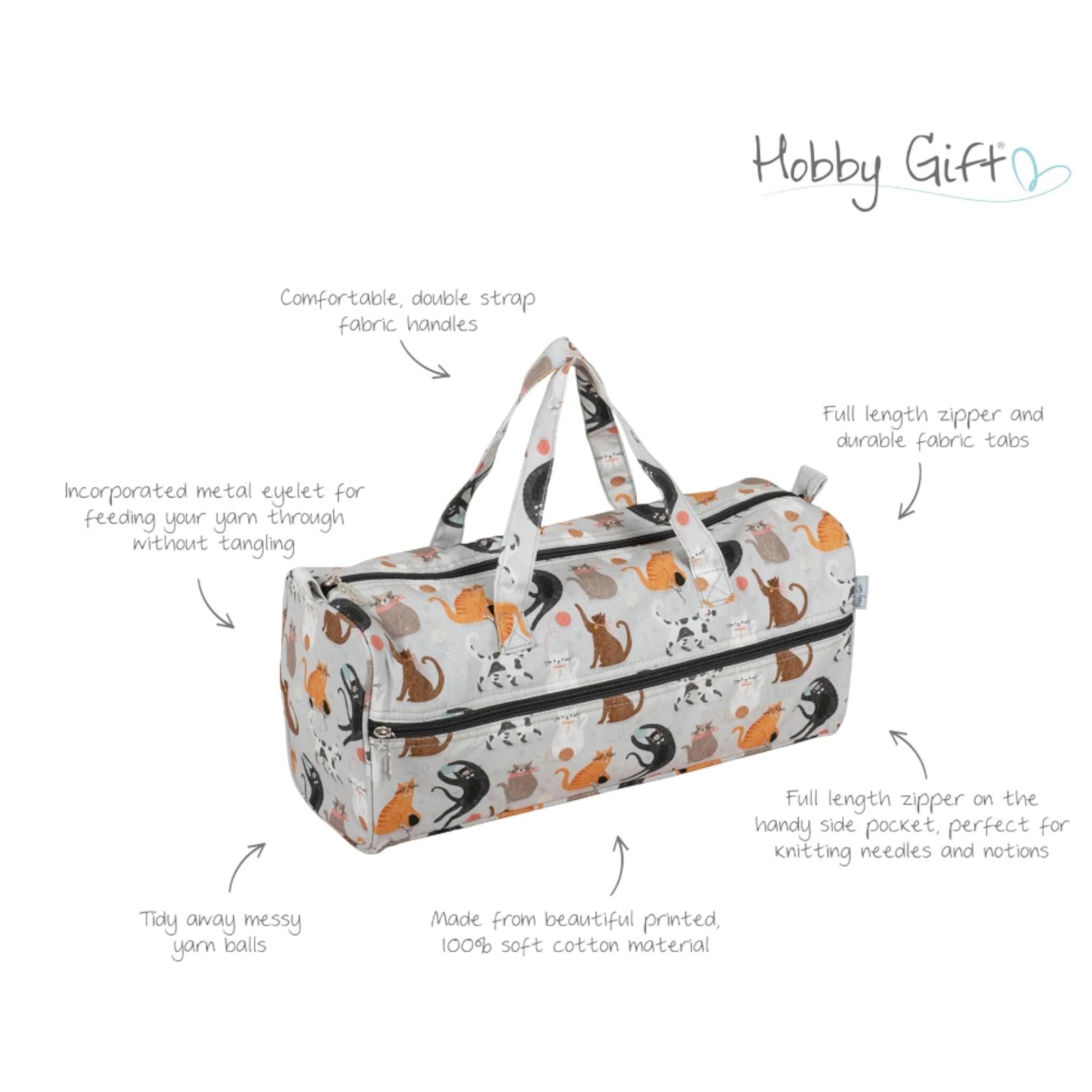 Cats Knitting Bag – Cotton Yarn Storage with Zip Pocket & Handles