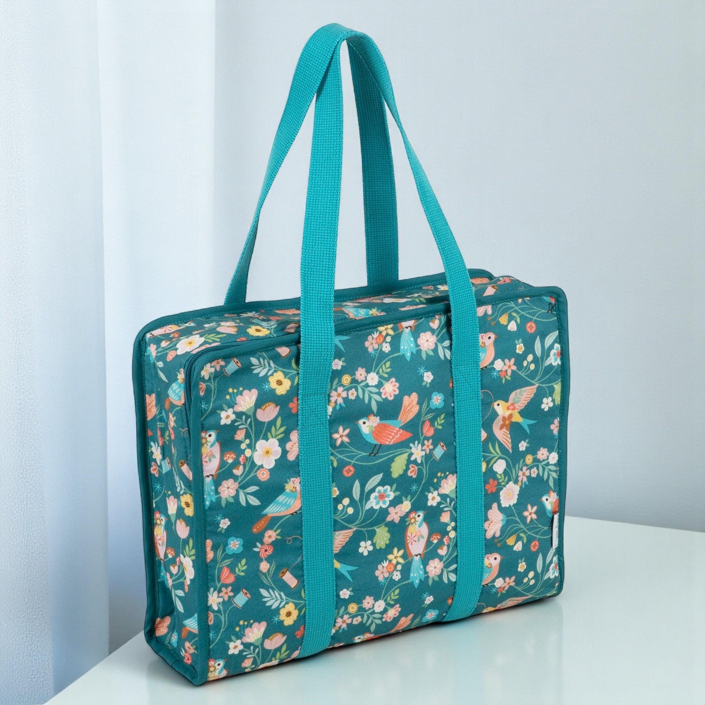 Bird Aviary Fabric Craft Bag: Turquoise Bird and Floral Project Tote