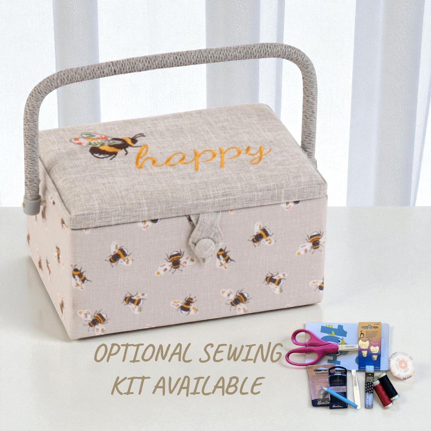 Bee Happy Embroidered Sewing Box with Optional Sewing Accessory Kit