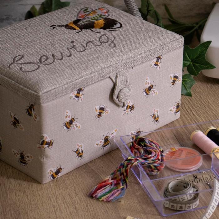Sewing Bee Embroidered Sewing Basket Box. Optional Sewing Accessory Kit Available
