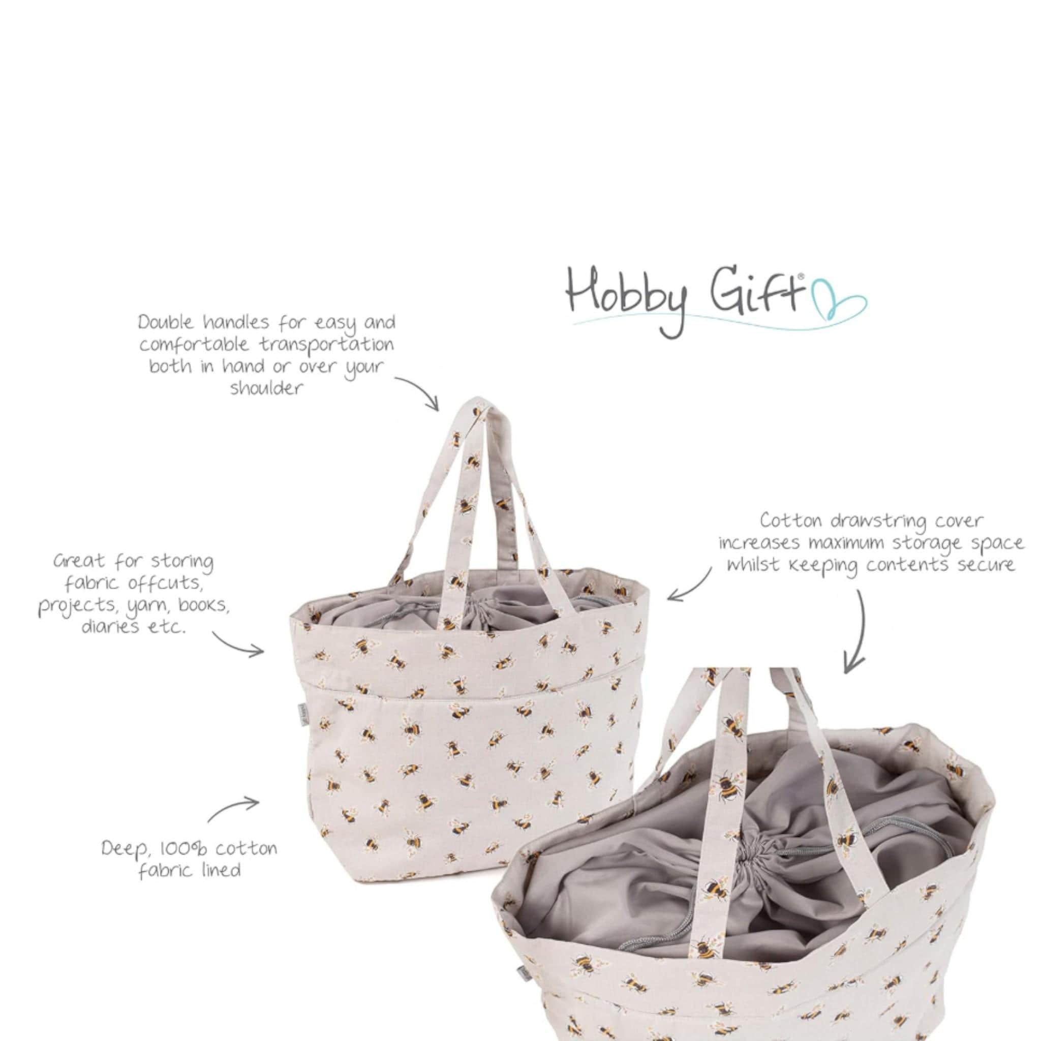 Bee Knitting & Craft Storage Bag. Cotton Padded Tote with Drawstring