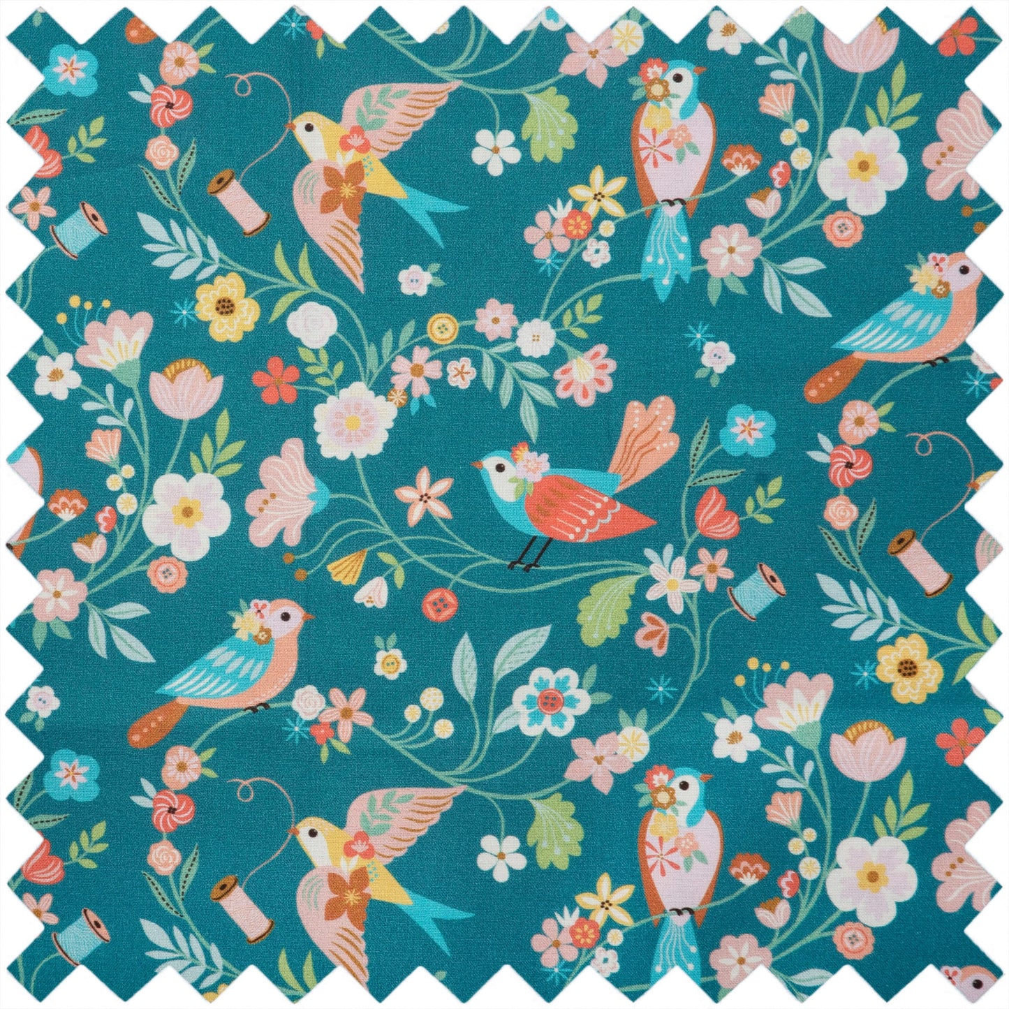 Bird Aviary Fabric Craft Bag: Turquoise Bird and Floral Project Tote