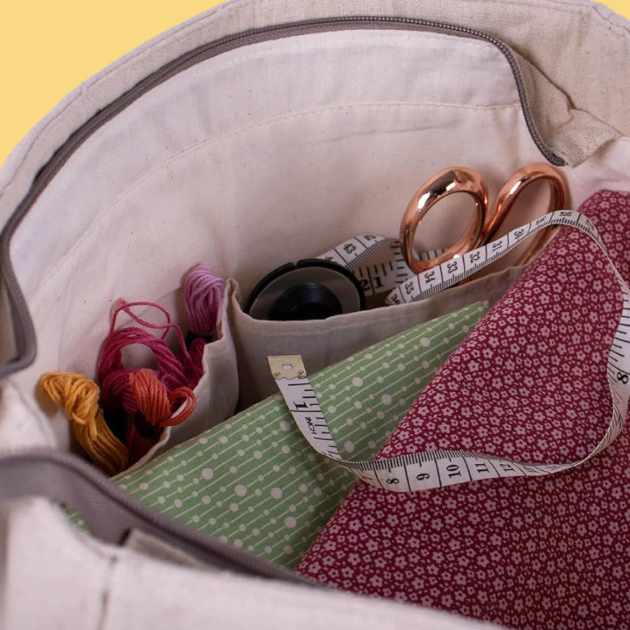 Bee Craft Storage Bag. Project Tote with Pockets and Zip Top. Applique Bee Design