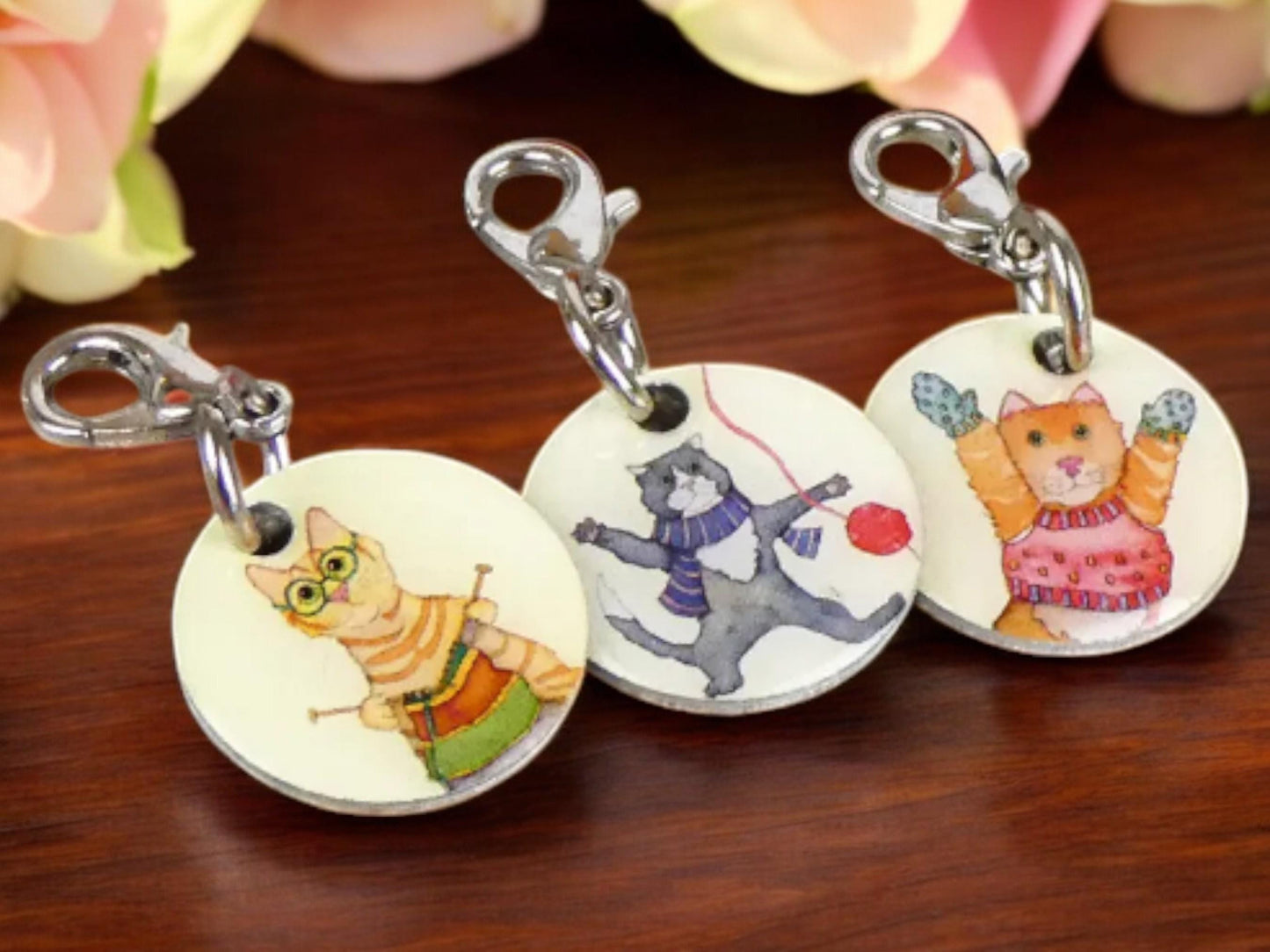 CROCHET STITCH MARKERS in a Tin. Kittens in Mittens Design by Emma Ball
