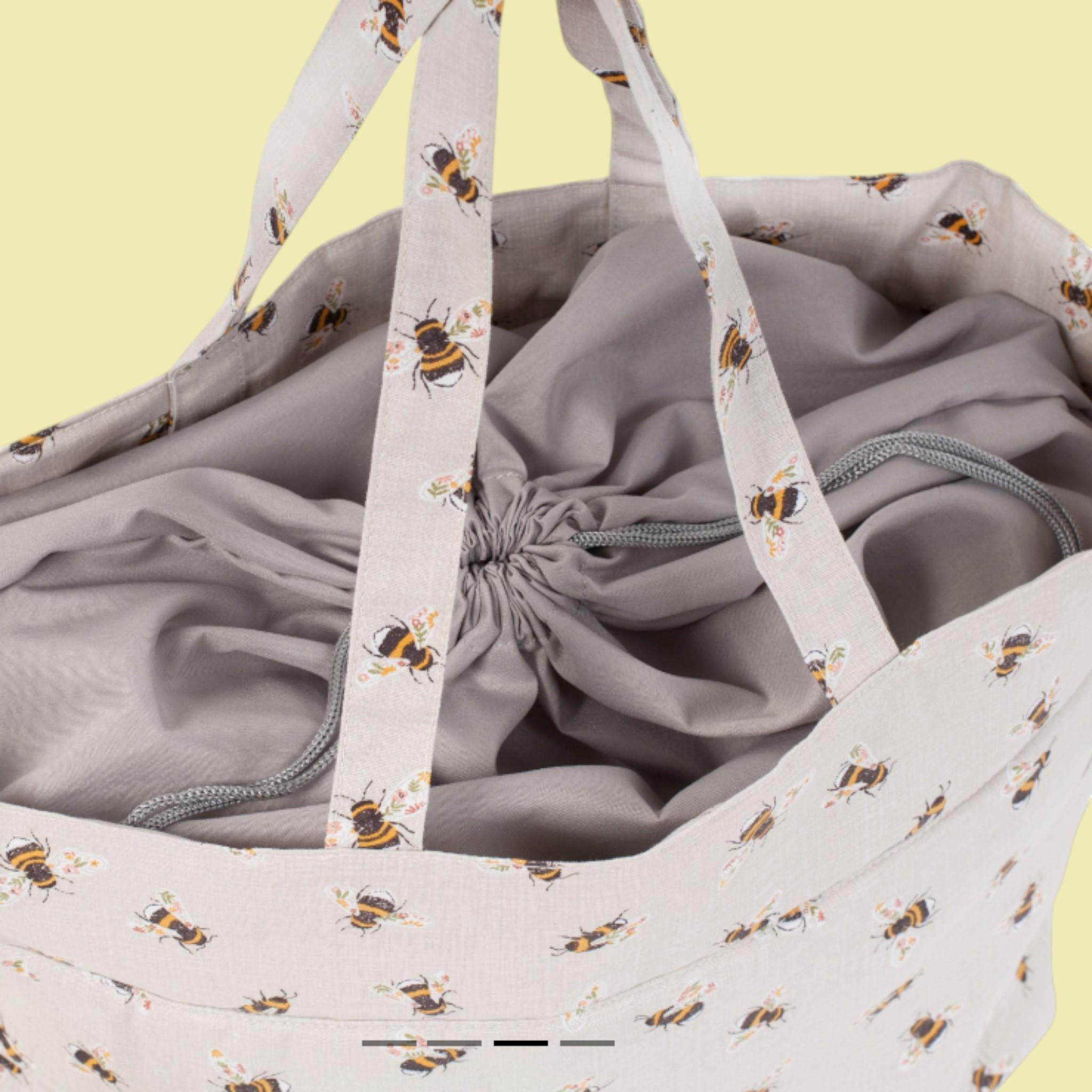 Bee Knitting & Craft Storage Bag. Cotton Padded Tote with Drawstring