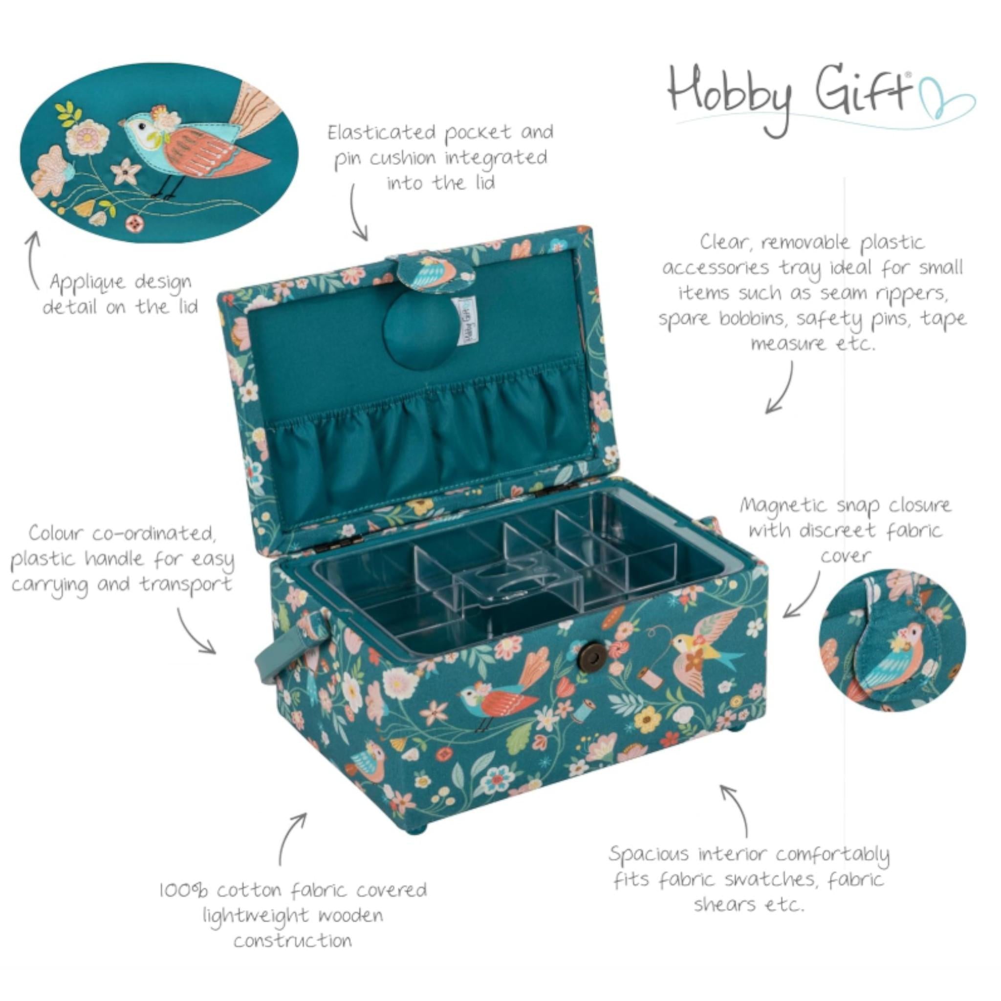Sewing Basket Bird Aviary Embroidered Design with Optional Sewing Accessory Kit