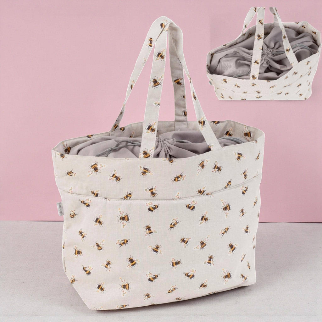Bee Knitting & Craft Storage Bag. Cotton Padded Tote with Drawstring