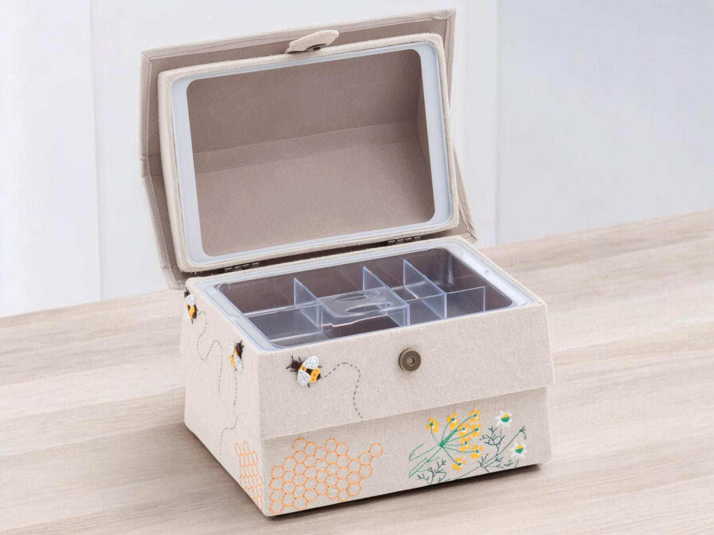 Bee Hive Sewing Basket with Pin Cushion, Appliqué Bees and Flowers
