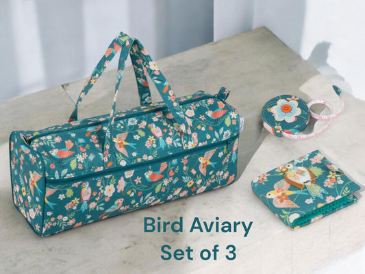 BIRD AVIARY SET: Long Knitting Bag, Needle Case and Handy Tape Measure