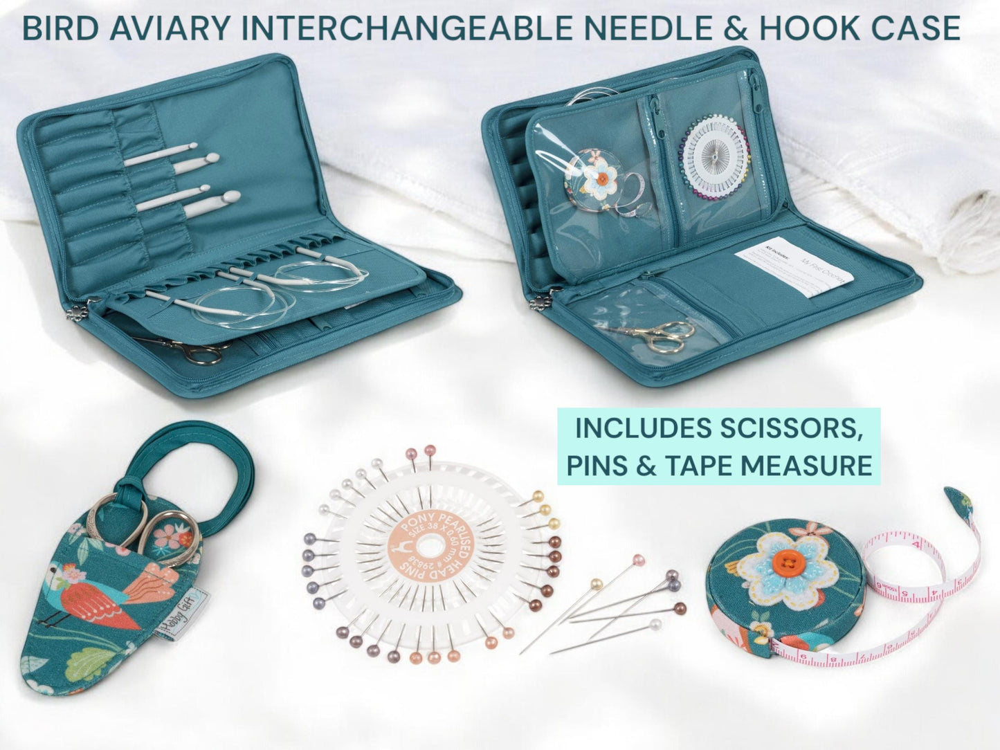 BIRD AVIARY SET: Interchangeable Needle Case, Scissors, Tape & Pin Rosette